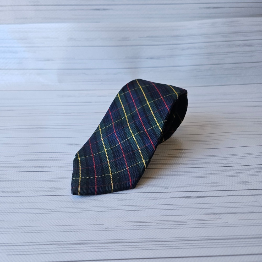 Lands End Tie Mens OS Navy Blue Plaid 100% Silk Hand Sewn USA Made